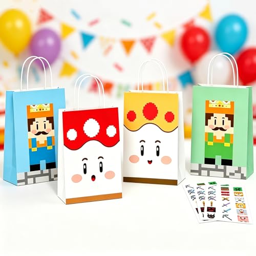 Magpixel Gift Bags with Handle: 16PCS Video Game Party Favor Bags, 54PCS Pixel Temporary Tattoos, Cartoon Paper Goodie Bags for Kids Birthday Christmas Holiday Decoration Classroom Treats