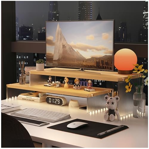 YGYQZ Adjustable Monitor Stand Riser with Acrylic Legs丨19.3" Length Dual Monitor Stand for Desk丨2-Tier Wood Desktop Organizer for Computer, Laptop, Printer & PC丨Modern Aesthetic Desk Shelf(wood-wavy) - color: wood-wavy, size: 7.67' W*19.3L