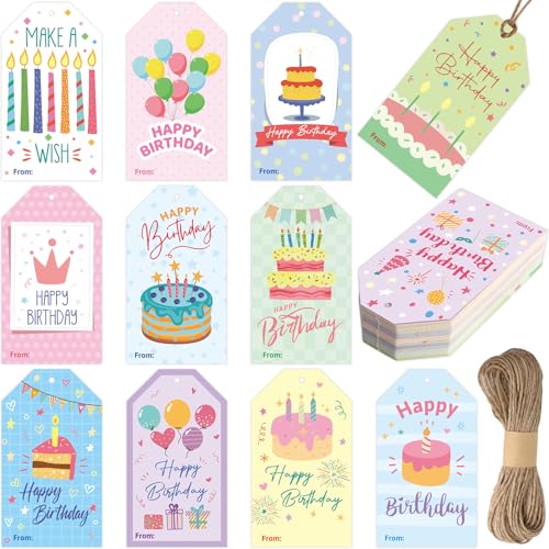 Fancy Land Birthday Gift Tags 60 Pcs Colorful Happy Birthday Hanging Gift Tags with Strings 2 X 3.5 Party Celebrate