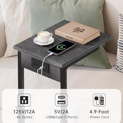 Vagusicc C Shaped End Table with Charging Station, 33" Tall Side Table for Couch, Adjustable Height C Table End Table, Couch Table Slide Under Sofa Table TV Tray Table for Living Room, Gray Walnut - color: Gray Walnut, style: Charging Station
