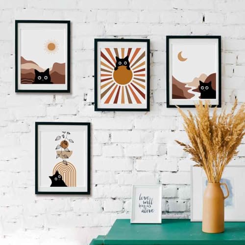 4Pcs Boho Aesthetic Minimalist Black Cat Wall Poster Decor Gifts for Lovely Cat, Farmhouse Geometric Hanging Wooden Wall Art, Mid Century Bohemian Abstract Moon and Sun Wood Sign, 8" X 10"Unframed