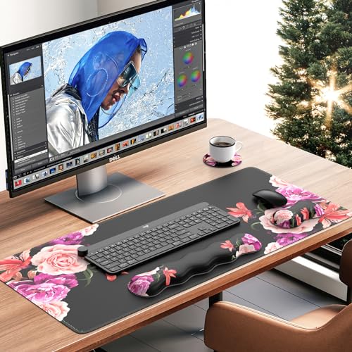 iLeadon Mouse Pad Set, Desk Mat + Mouse Pad with Wrist Rest + Keyboard Wrist Rest + Coaster, Mouse and Keyboard Pad Set with Stitched Edge & Non-Slip Base, Desk Pad Mat for Work Gaming, Peony Flower - color: Peony Flower