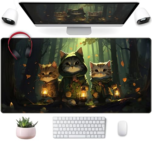 Forest Cats Desk Mat Anime Cat Desk Pad Cute, Kawaii Green Mouse Pad XXL, Large Extended Gaming Mousepad Keyboard Mouse Mat with Stitched Edges, Home Office Decor Pad for Women Girl 31.5x15.75 in - color: Dark Green Cartoon Cat
