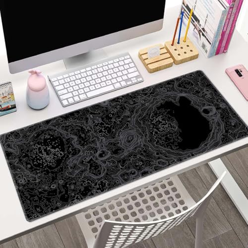 Moon Topographic Map Desk Mat Black Large Mouse Pad XL Extended Gaming Mousepad Keyboard Mouse Mat Desk Pad for Computer Laptop 31.5''X11.8'' Non-Slip Rubber Base with Stitched Edges - color: Moon Topographic Map