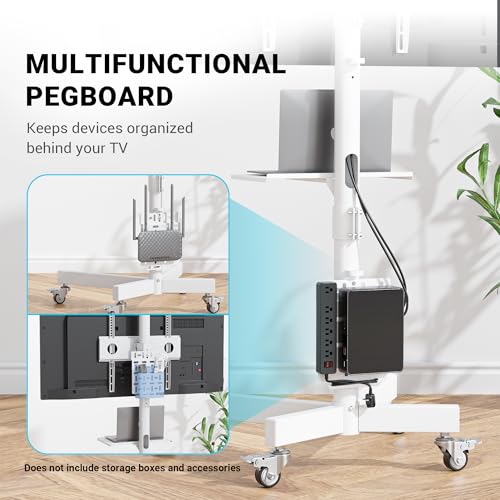 BONTEC Rolling TV Stand with Pegboard Storage for 32–65 Inch TVs, Holds, Height Adjustable Mobile TV Cart on Metal Wheels with Shelf & Cable Management,Holds up to 88 lbs, Max VESA 400x400mm, White - color: White, size: 32-65 Inch