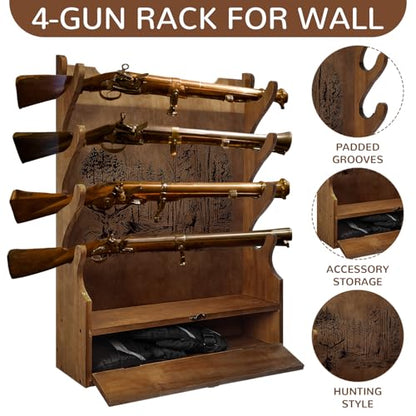 Yuntau Four Gun Wooden Gun Display Rack with Cabinet Storage Compartment and Soft Pad for Rifle Accessories Shotgun Rifle Rack for Wall Mount Home Indoor Decor - style: Deer Pattern