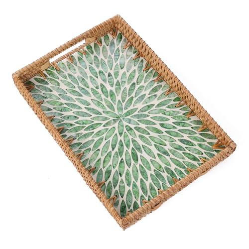Rectangle Rattan Tray with Mother of Pearl Inlay, Rattan Serving Tray with Handle for Coffee, Bread, Fruits, Snacks, Decorative Wicker Tray for Table Decor (Rectangle Green Leaf, 13"×9") - color: Green Leaf