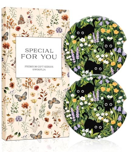 Swooflia Car Coasters for Women - Cute Cat Car Cup Coasters Absorbent Cup Holder Coasters for Car 2 Pcs Ceramic Car Cupholder Coaster with Cork Base Car Interior Accessories - color: Black Cat Among Flowers