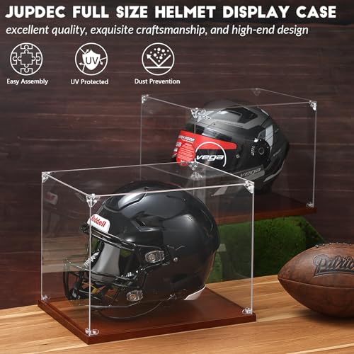JupDec Football Helmet Display Case, Full Size Acrylic Baseball Motorcycle Helmet Showcase, UV Protection Souvenirs and Collectibles Box with Solid Wood Base & Riser, Ideal Gift for Sports Enthusiast - size: 1 Pack