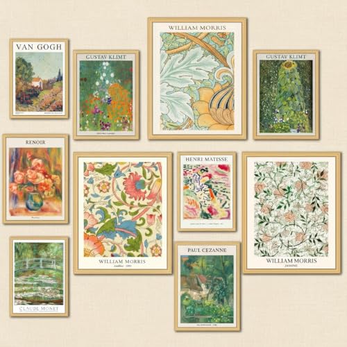MAZUKO 10 Pcs Vintage Eclectic Wall Art Prints, Trendy Maximalism Poster for Aesthetic, Eclectic Wall Decor Van Gogh William Morris Matisse Monet Maximalist Famous (Unframed) - color: Eclectic 4 - UNFRAMED