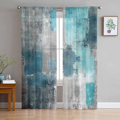 Turquoise Blue Grey Sheer Curtains 63 Inch Length 2 Panels Set for Living Room/Bedroom, Teal Abstract Art Painting Semi Curtain Sheers Drapes Rod Pocket Curtains Window Treatment Set - color: Abstract Painting, size: 52"W x 63"L (Pack of 2)