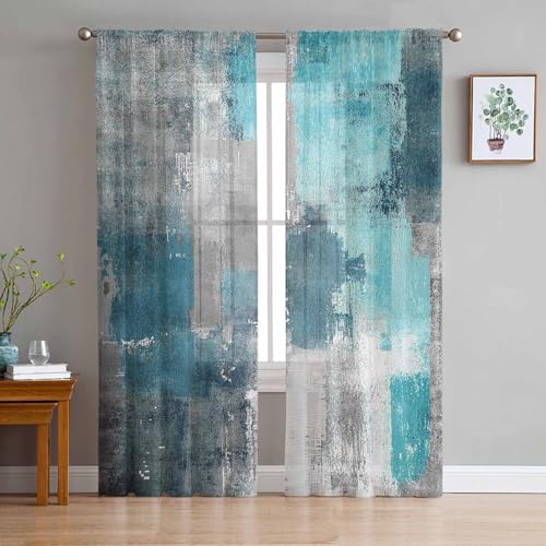 Turquoise Blue Grey Sheer Curtains 72 Inch Length 2 Panels Set for Living Room/Bedroom, Teal Abstract Art Painting Semi Curtain Sheers Drapes Rod Pocket Curtains Window Treatment Set - color: Abstract Painting, size: 52"W x 72"L (Pack of 2)
