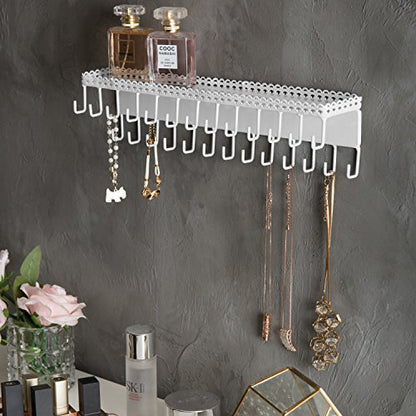 MyGift White Metal Wall-Mounted Jewelry Hanging Shelf with 26 Necklace Hooks, Set of 2 - color: White-set of 2