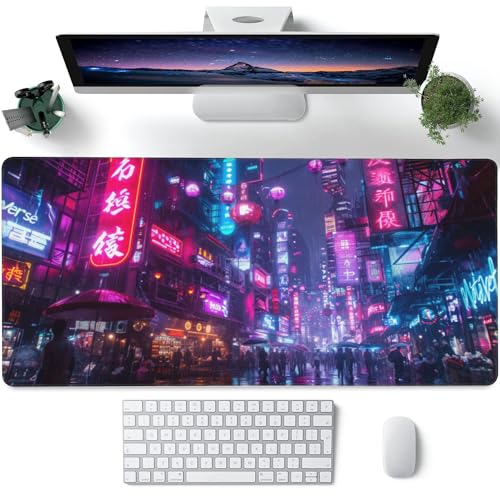 Desk Mat,Cyberpunk Neon City Large Gaming Mouse Pad for Desk XXL,Futuristic Night Street Desk Pad,Extended Big Computer Keyboard Mouse Pad with Non-Slip Base and Stitched Edge 35.4"x15.7" - color: Cyberpunk Neon City, size: XXL-35.4"x15.7"