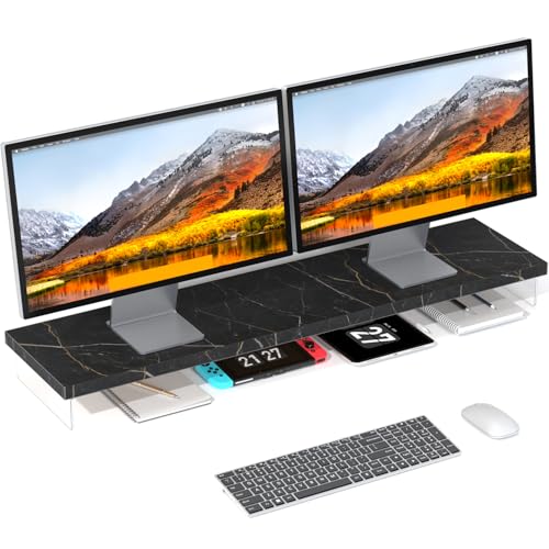 Dual Monitor Stand Riser, 40" Large Computer Monitor Stands for 2 Monitors, Wooden Desktop Organizer Shelf for Office Desk Computer, Laptop, TV, Monitor, Printer - color: Black Stone, size: 40*10 Inch