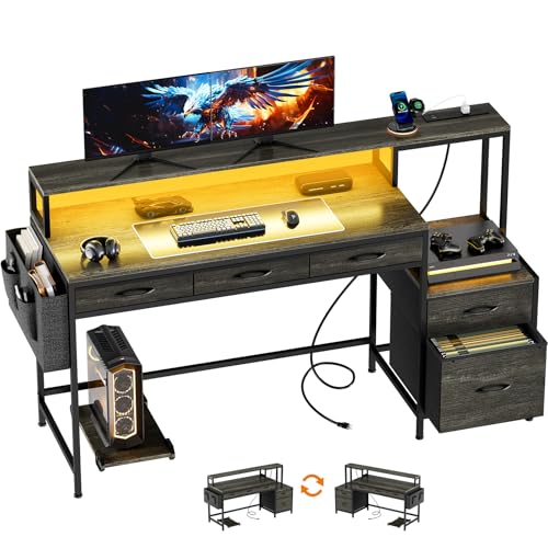 REAHOME 61 Inch Gaming Desk with Charging Station and LED Lights, Reversible Computer Desk with Storage Drawer and Monitor Stand, Modern Desk Table with File Cabinet & Side Pocket, Grey Oak - color: Grey Oak