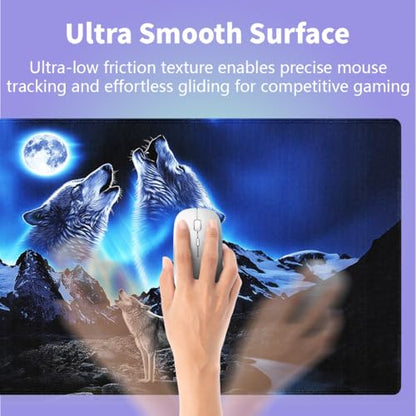 Large Gaming Mouse Pad (31.5" x 15.8") - Wolves Howling at The Moon Grey Wolf Bright Moonlight Great Snowy Mountain, Extra XXL Extended Office Accessories, Premium Stitched Anti-Slip Desk Mat - color: Blue and Black