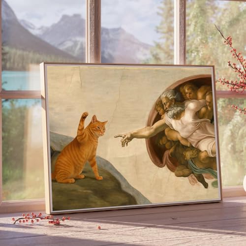 ZHXICHEN Vintage Cat and God Canvas Prints Whimsical Cat and God Wall Decor Painting Quirky Michelangelo and Animal Poster Canvas Print for Living Room Bedroom 16X24 inch Unframed - color: white-9, size: 24"L x 16"W
