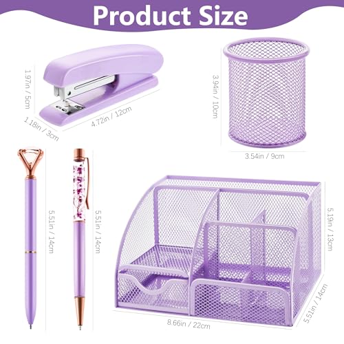 15 Pcs Purple Office Supplies Set Mesh Desk Organizer Accessories Kit Include Stapler Tape Dispenser Staple Remover Clips Ruler Scissors Sticky Notes for Office School Home Women (Purple) - color: Purple