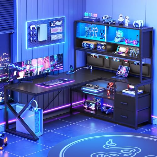 SEDETA L Shaped Gaming Desk, Home Office Computer Desk with 2 Drawer and Bookshelf, L Shaped Gaming Desk with LED Light, Glass Cabinet and Storage Bag, Corner Desk with Storage Shelves, Black - color: Black