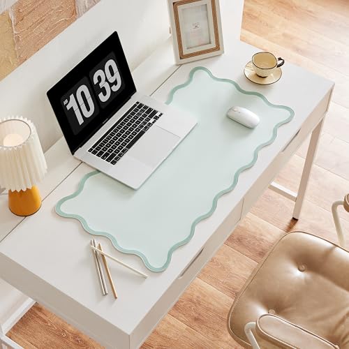 Sage Green Scalloped Desk Mat, 31.5" x 15.7", PU Leather, Waterproof Anti-Slip, Cute Aesthetic Desk Pad for Office/Home/Game/Vanity Large - color: Sage