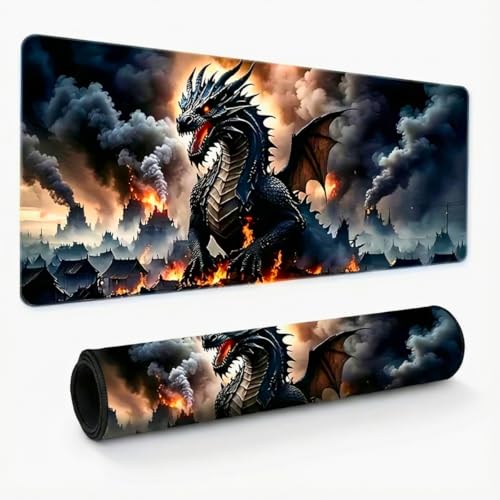 Gaming Mouse Pad Mythic Dragon - 31.5x11.8 Inch Large Desk Mat for Work & Gaming, Non-Slip Rubber Base, Durable Stitched Edges, Vivid Fantasy Art