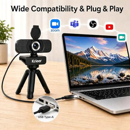 1080P HD Webcam with Dual Mics, Privacy Cover for Video Calls, Zoom | Rotatable Tripod, Auto Light Correction, Noise Canceling, USB Plug & Play, for PC, Streaming, Gaming, Online Meetings
