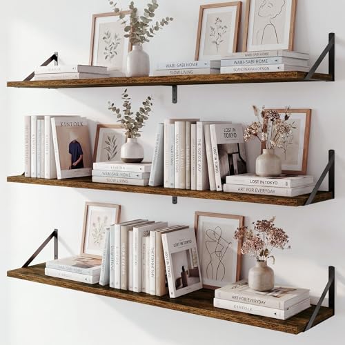 Fun Memories Extra Long Floating Wall Shelves, 48 x 8 Inches, Set of 3 Large Wood Floating Bookshelves with Metal Brackets for Storage & Display (Rustic Brown) - color: Rustic Brown, size: 48"W x 8"D