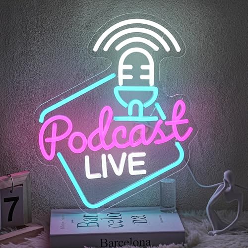 Podcast Live Neon Light Sign Rose White Letter LED Sign Studio Live Neon Light for Wall Decor Podcasters Recording Studios for Beer Bar Streaming Studio Gamer Room Bedroom Man Cave - style: podcast live