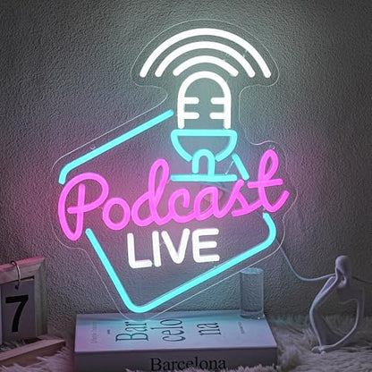 Podcast Live Neon Light Sign Rose White Letter LED Sign Studio Live Neon Light for Wall Decor Podcasters Recording Studios for Beer Bar Streaming Studio Gamer Room Bedroom Man Cave - style: podcast live