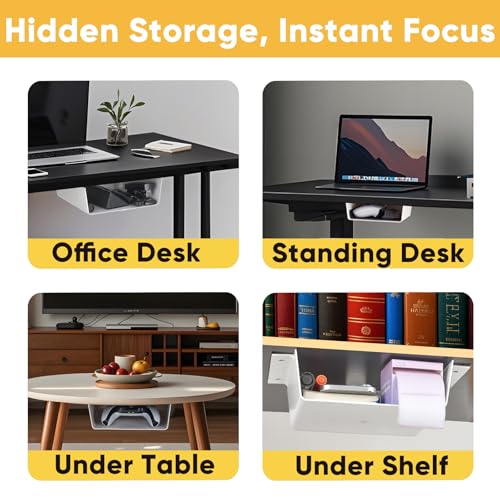 2 Pack Under Desk Hanging Shelf Drawer Organizer, Attachable Plastic Hidden Storage Tray, Easy Adhesive Mount Holder for Standing Tables, Office, Counters, Cabinets, Workstations - White - color: Matte White, size: 2 Pack Large