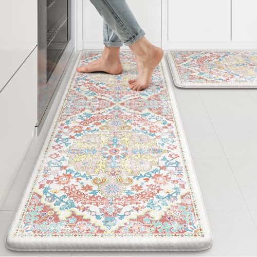 KIMODE Kitchen Mats for Floor, 17"x47"+17"x29" Boho Vintage Kitchen Rugs 2 PCS, Cushioned Anti Fatigue Mats for Kitchen Floor, Non-Slip Kitchen Floor Mats, Sink, Laundry, Office, Desk Pink - color: Pink/Multi, size: 17.3" x 47"+17.3" x 29"--0.47 inches