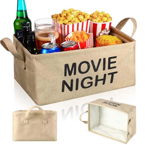 Movie Night Gift Basket with Handles Movie Night Supplies Snack Trays Popcorn Buckets Reusable Popcorn Containers Burlap Storage Organizer Bin Large Snack Bowl for Family Room Home Theater Decor - color: Khaki, style: Classic