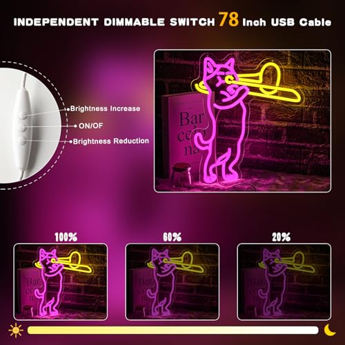 Cat Playing Trombone Neon Sign for Wall Decor Dimmable Cat Neon Lights Music LED Sign USB Powered Live Music Neon Signs for Pet Shop Music Room Bedroom Concert Dj Studio Bar - style: cat playing trombone