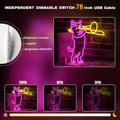 Cat Playing Trombone Neon Sign for Wall Decor Dimmable Cat Neon Lights Music LED Sign USB Powered Live Music Neon Signs for Pet Shop Music Room Bedroom Concert Dj Studio Bar - style: cat playing trombone