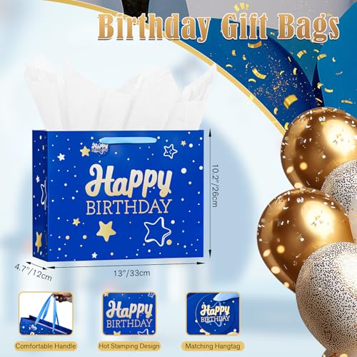 Powbrace 13" Blue Happy Birthday Gift Bag with Tissue Paper and Greeting Card for Party,Happy Birthday Gift Bag for Men Women,Gift Bags Medium size(1 PCS Blue Hot Stamping) - color: 1 PCS Blue Hot Stamping, size: 1 count (Pack of 1)