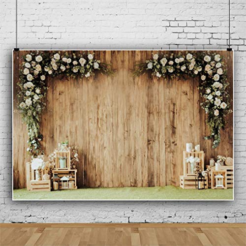10x8ft Polyester Wedding Backdrop Rustic Floral Flower Wood Wall Backdrop Bridal Shower Reception Ceremony Photography Background Wedding Proposal Party Birthday Party YouTube Photo Prop - size: 10x8ft-Polyester