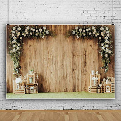 10x8ft Polyester Wedding Backdrop Rustic Floral Flower Wood Wall Backdrop Bridal Shower Reception Ceremony Photography Background Wedding Proposal Party Birthday Party YouTube Photo Prop - size: 10x8ft-Polyester