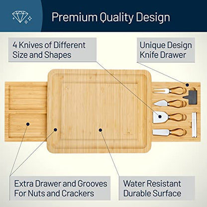 RoyalHouse Unique Bamboo Cheese Board & Knife Set with 2 Slide-Out Cutlery Drawers - Charcuterie Boards Set - Gifts for Women Birthday, Wedding Couples 2025, Bridal Shower - style: Large Cheese Board Set