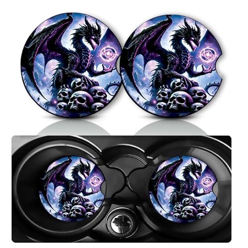 2 Pack Dragon and Skulls Car Cup Holder Coasters Neoprene Anti Slip Mat | Dragon and Skulls Car Accessories Decor 2.75" Universal Size Insert Auto Coasters Gifts for Women Men - color: Dragon and Skulls