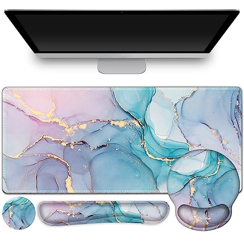 ToLuLu Desk Mat, XXL Large Mouse Pad Wrist Support Set，4 in1 Gaming Mousepad Desk Pad+ Ergonomic Mouse Pad with Wrist Rest + Keyboard Wrist Rest+Coaster for Home Office Computer, Blue Glitter Marble - color: Blue Glitter Marble