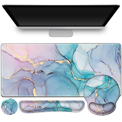 ToLuLu Desk Mat, XXL Large Mouse Pad Wrist Support Set，4 in1 Gaming Mousepad Desk Pad+ Ergonomic Mouse Pad with Wrist Rest + Keyboard Wrist Rest+Coaster for Home Office Computer, Blue Glitter Marble - color: Blue Glitter Marble