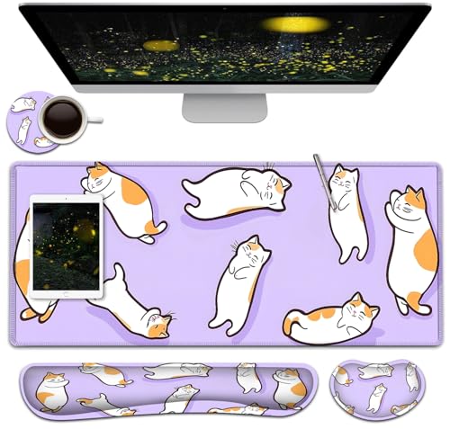 Large Mouse Pad + Keyboard Wrist Rest Set, Extended Gaming Mousepad (31.5X11.8 inch) with Non-Slip Rubber, Ergonomics Memory Foam Mouse Wrist Rest Support, Cute Cats Pattern Purple XXL Desk Pad - color: Yu-Mouse Pad-3-B42