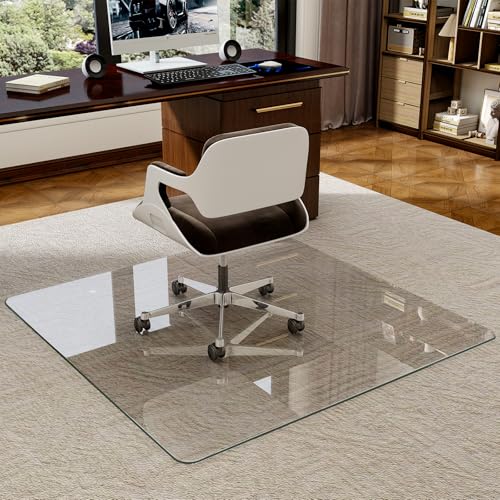 47x47 Inch Tempered Glass Chair Mat for Carpet & Hard Floors, Heavy Duty Office Chair Mat with Round Corners & Smooth Edges for Hardwood Floor and Carpets, Clear Desk Mat for Home Office - color: Transparent, size: 47"L x 47"W