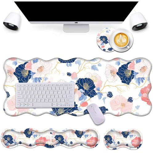 Bxgolkgd Desk Mat Set,Mouse Pad with Keyboard Wrist Rest & Mouse Wrist Rest,Wave-Shaped Design,Non-Slip Rubber Base,Ergonomic Desk Mat for Home,Office,Gaming,Abstract Flowers - color: Abstract Flowers
