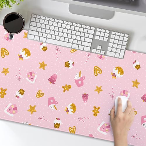 Pink Christmas Gaming Mouse Pad XXL Cute Kawaii Cupcake Gingerbread Extended Big Large Desk Mat Non-Slip Rubber Base Stitched Edge Xmas Holiday Keyboard Mousepad for Computer Laptop,35.4×15.7 Inch - color: Pink Christmas, size: XX-Large