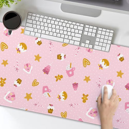 Pink Christmas Gaming Mouse Pad XXL Cute Kawaii Cupcake Gingerbread Extended Big Large Desk Mat Non-Slip Rubber Base Stitched Edge Xmas Holiday Keyboard Mousepad for Computer Laptop,35.4×15.7 Inch - color: Pink Christmas, size: XX-Large