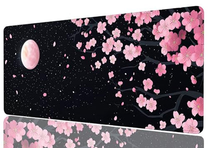 Cherry Blossom Mouse Pad Pink Moon Petal Night Sky Sakura Art Mousepad XL Large Gaming Mouse Pad Laptop Keyboard Mat Desk Pad Professional Desk Pad for Office Equipment 31.5x11.8 Inch - color: Cherry Blossom