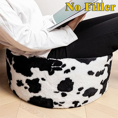 Asuprui Pouf Ottoman Unstuffed, Faux Rabbit Fur Cover, No Filler, 18" Round, Black and White - color: Black Cow Printed
