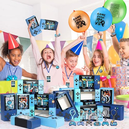 243 Pcs Video Game Party Favors for 24 Kids Gamer Goodie Bag Stuffers for Boys Gaming Birthday Party Supplies with Gift Boxes, VIP Pass, Balloons, Bracelets, Keychains, Badges, 3D Stickers - color: Blue